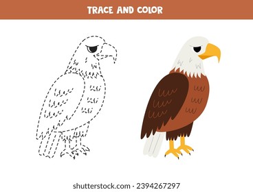  Trace and color cute cartoon bald eagle. Worksheet for kids.