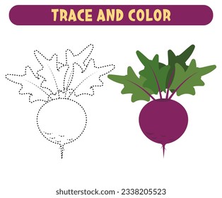Trace and color cute cartoon beetroot. Worksheet for kids