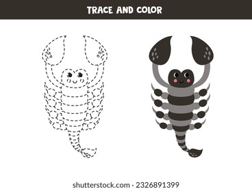 Trace and color cute cartoon black scorpion. Worksheet for kids.