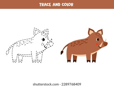 Trace and color cute cartoon boar. Worksheet for kids.