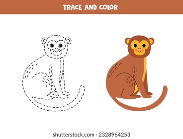 Trace and color cute cartoon brown monkey. Worksheet for kids.