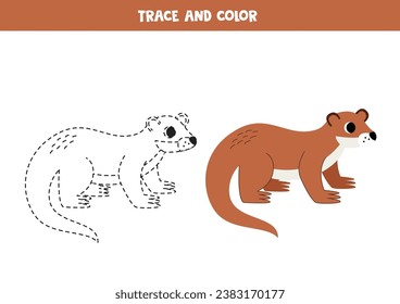  Trace and color cute cartoon brown otter. Worksheet for kids.