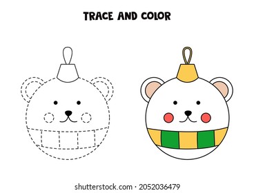 Trace and color cute cartoon Christmas ball. Educational game for kids. Writing and coloring practice.