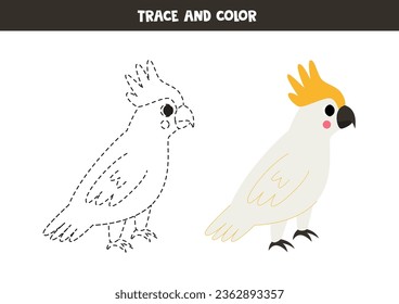 Trace and color cute cartoon cockatoo. Worksheet for kids.