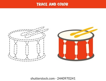 Trace and color cute cartoon drum. Worksheet for preschool kids.