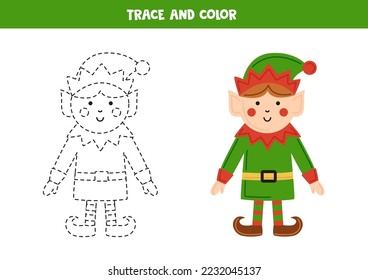 Trace and color cute cartoon elf. Worksheet for kids.