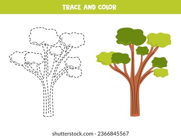 Trace and color cute cartoon eucalyptus tree. Worksheet for kids.
