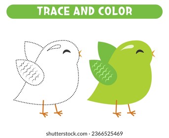 Trace and color cute cartoon green bird. Worksheet for kids