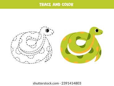  Trazo y color lindo dibujo animado anaconda verde. Hoja de trabajo para niños.