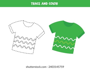  Trace and color cute cartoon green t shirt. Worksheet for kids.