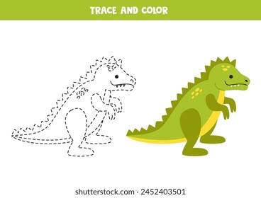 Trace and color cute cartoon green toy dinosaur. Worksheet for preschool kids.