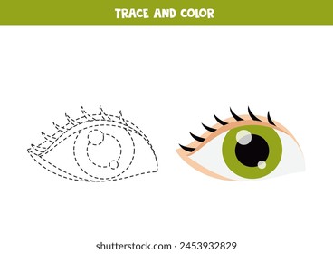 Trace and color cute cartoon green eye. Worksheet for preschool kids.