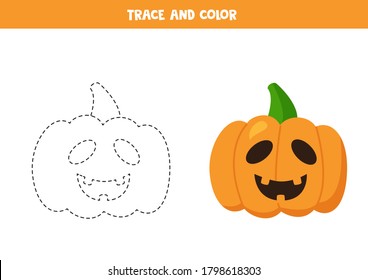 Trace and color cute cartoon Halloween Jack O Lantern pumpkin. Handwriting practice for preschoolers. 