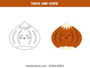 Trace and color cute cartoon hazelnut. Worksheet for preschool kids.