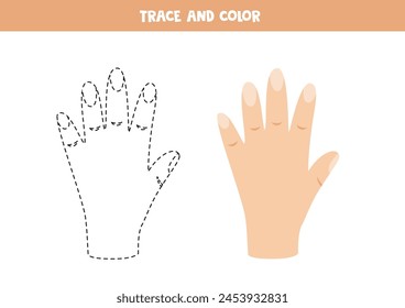 Trace and color cute cartoon human hand. Worksheet for preschool kids.