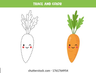 Trace and color cute cartoon kawaii carrot. Educational game for kids. Practicing writing skills for preschoolers. Learning to draw and to color.