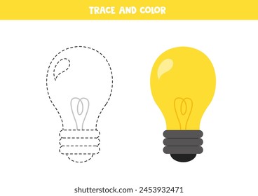 Trace and color cute cartoon light bulb. Worksheet for preschool kids.