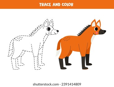  Trace and color cute cartoon maned wolf. Worksheet for kids.