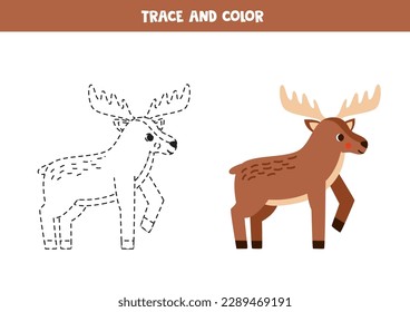 Trazo y color lindo alce de dibujos animados. Hoja de trabajo para niños.