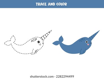 Trace and color cute cartoon narwhal. Worksheet for kids.