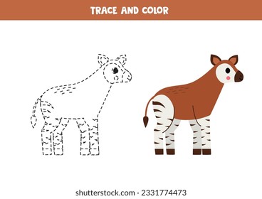 Trace and color cute cartoon okapi. Worksheet for kids.