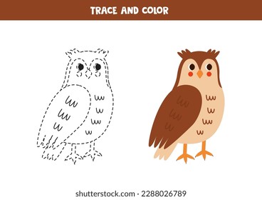 Trace and color cute cartoon owl. Worksheet for kids.