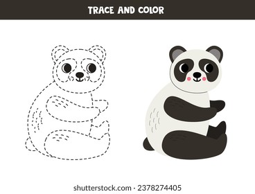  Trace and color cute cartoon panda bear. Worksheet for kids.