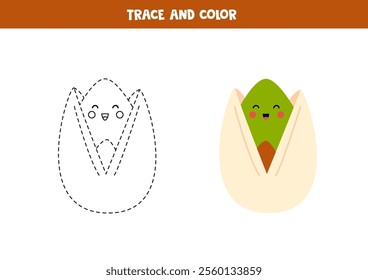 Trace and color cute cartoon pistachio. Worksheet for preschool kids.