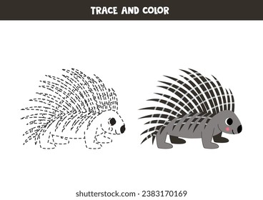  Trace and color cute cartoon porcupine. Worksheet for kids.