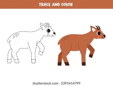  Trace and color cute cartoon pudu deer. Worksheet for kids.