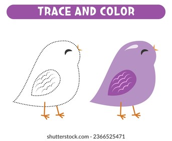 Trazo y color lindo dibujo de pájaro morado. Hoja de trabajo para niños