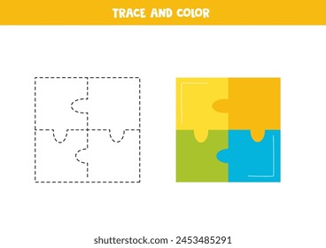 Trace and color cute cartoon puzzle. Worksheet for preschool kids.