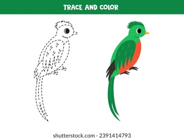  Trace and color cute cartoon quetzal bird. Worksheet for kids.