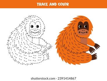  Trace and color cute cartoon red orangutan. Worksheet for kids.