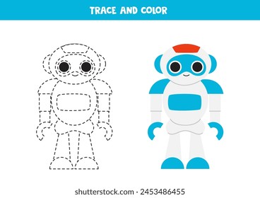 Trace and color cute cartoon robot. Worksheet for preschool kids.