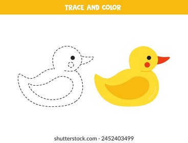 Trace and color cute cartoon rubber duck. Worksheet for preschool kids.