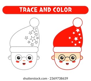 Trace and color cute cartoon Santa. Worksheet for kids