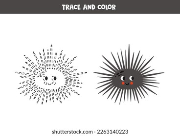 Trace and color cute cartoon sea urchin. Worksheet for kids.