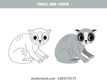  Trace and color cute cartoon slow lori. Worksheet for kids.