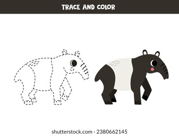 Trace and color cute cartoon tapir. Worksheet for kids.