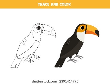  Trace and color cute cartoon toucan bird. Worksheet for kids.