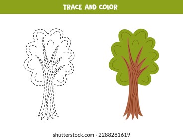 Traza y colorea un lindo árbol de dibujos animados. Hoja de trabajo para niños.