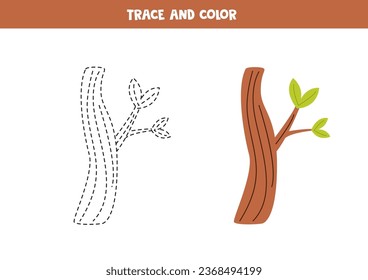  Trace and color cute cartoon tree trunk. Worksheet for kids.