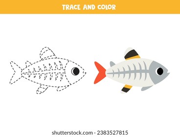  Trace and color cute cartoon x ray fish. Worksheet for kids.