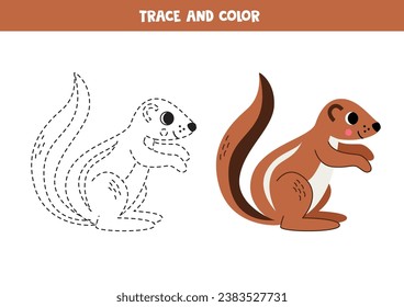  Trace and color cute cartoon xerus. Worksheet for kids.