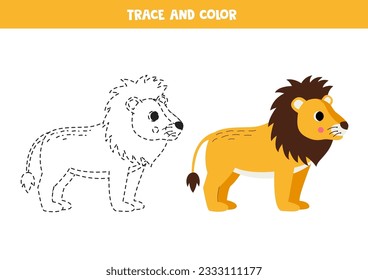 Trace and color cute cartoon yellow lion. Worksheet for kids.