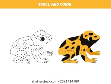  Trace and color cute cartoon yellow banded poison dart frog. Worksheet for kids.