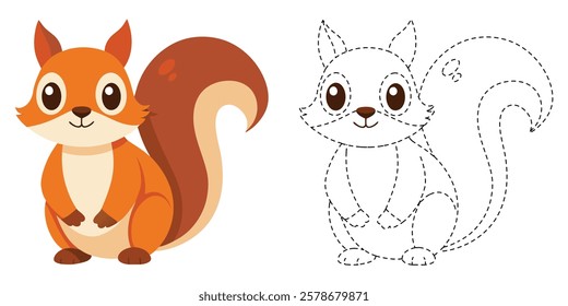 Trace and Color Cute Chipmunk Cartoon. Hand Drawing Practice For Kids. Kawaii Chipmunk Cartoon Character Vector Illustration