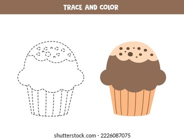 Trace and color cute chocolate cupcake. Worksheet for kids.