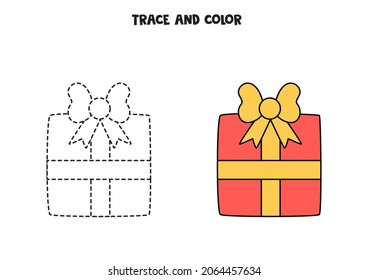 Trace and color cute Christmas present box. Educational game for kids. Writing and coloring practice.